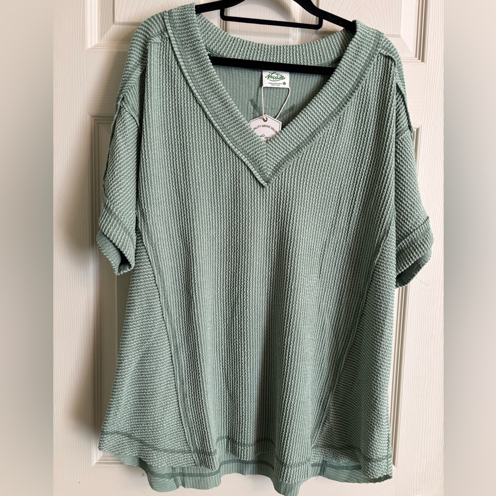 Very J Sage Green Ribbed Knit V Neck Summer Boutique Top